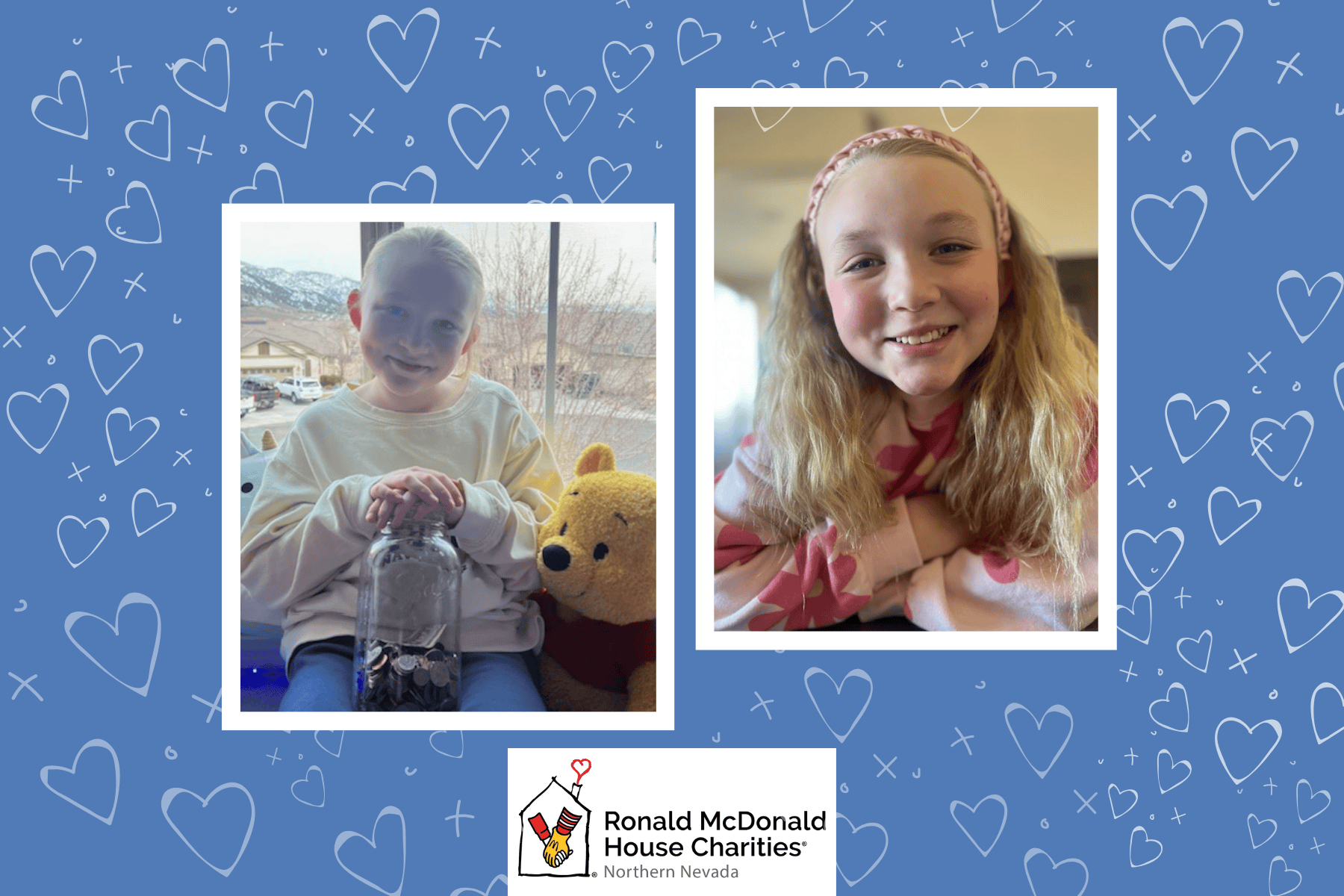 Two photos of a young teenage girl with a jar of change